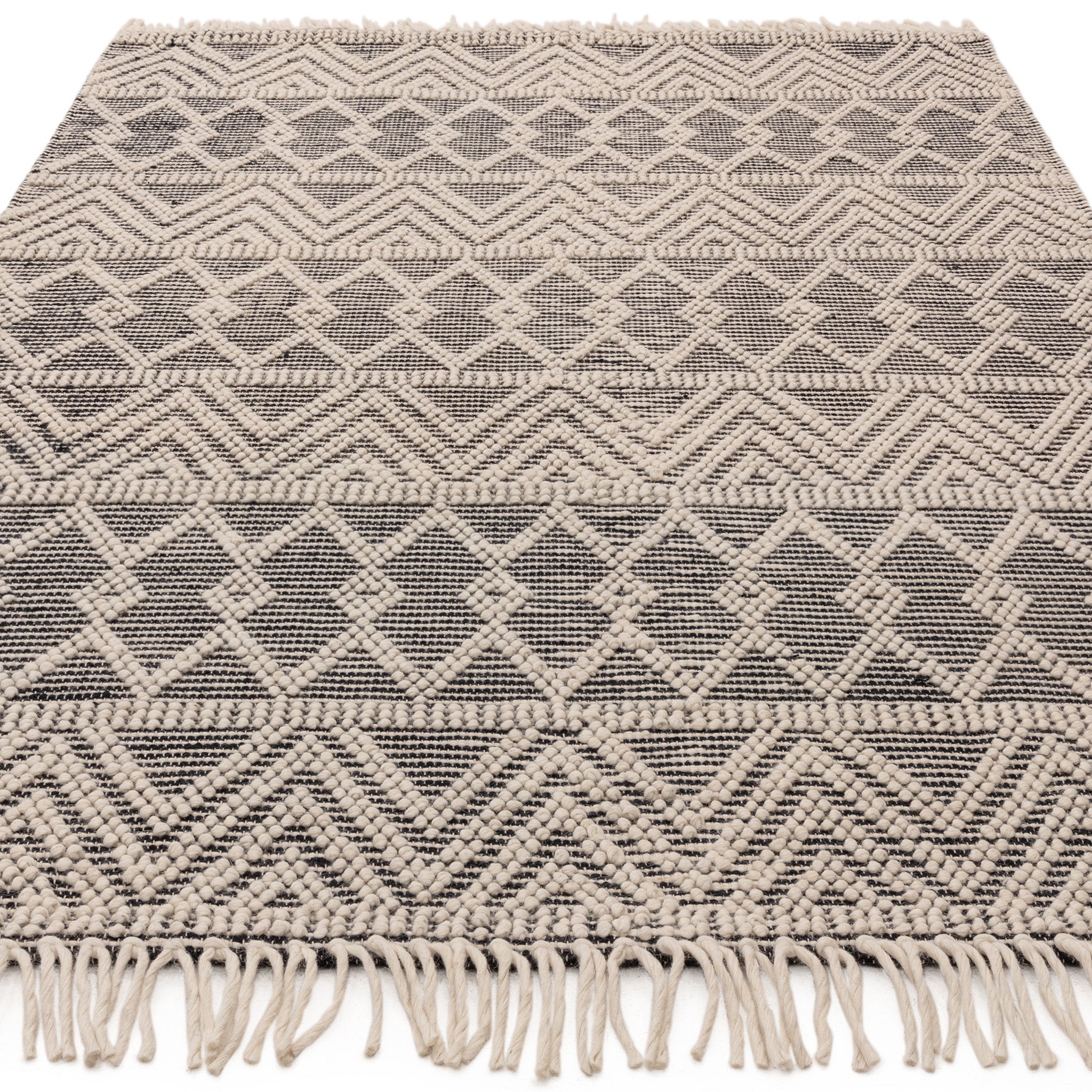 Bobble and Fringe Boho Rug in Black